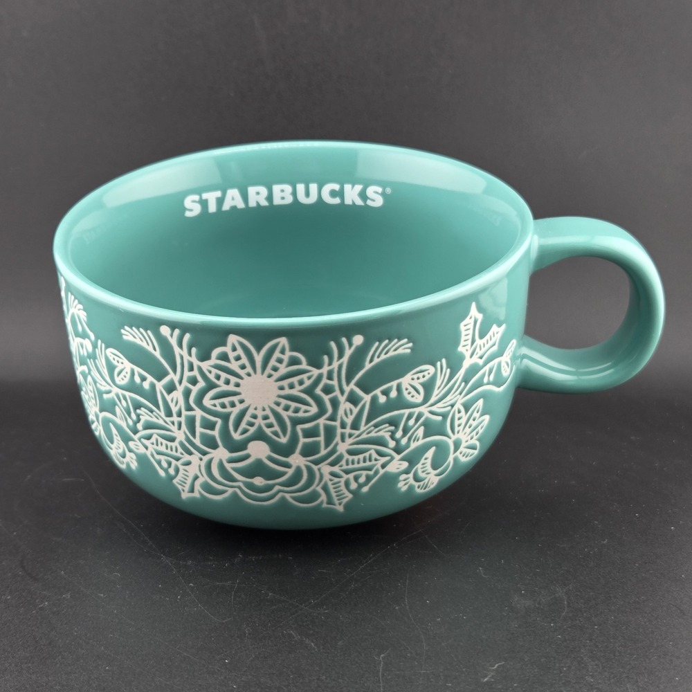 Starbucks Christmas Holiday Cup 2022 Green Teal Woodland Wide 16 oz Mug Bowl